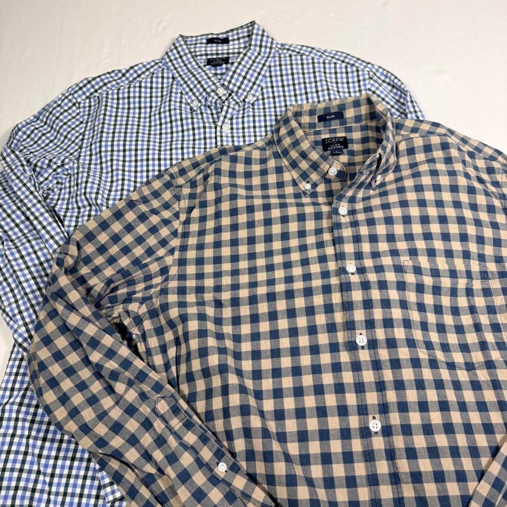 J. Crew Flex Washed Shirts L Slim Lot of 2 Blue Tan Green Gingham Check preppy